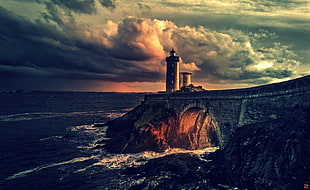 white lighthouse, sea, lighthouse, clouds, orange