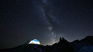 white and blue dome tent, landscape, night, stars, Milky Way