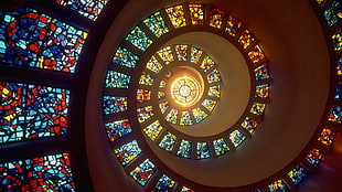 spiral stained glass ceiling, spiral, lights, glass HD wallpaper