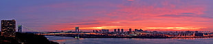 grey suspension bridge, New York City, triple screen, sunset HD wallpaper