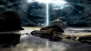 rock formation and light beam digital wallpaper, render, beach, clouds, rock