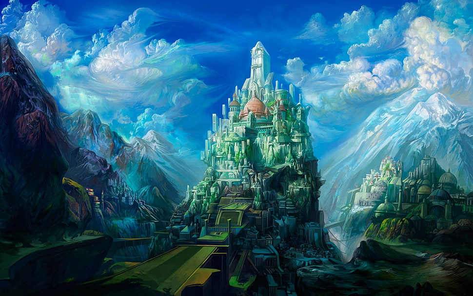 jade temple digital wallpaper, concept art, artwork, castle HD wallpaper