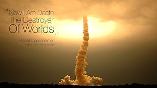 white clouds with text overlay, Julius Robert Oppenheimer, explosion, quote, smoke HD wallpaper