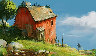 orange and grey wooden house painting, Nikolai Lockertsen, artwork, digital art