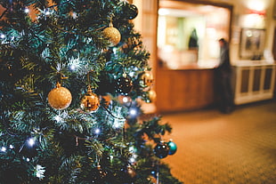green Christmas tree, Christmas ornaments 