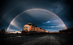 brown and black train, train, railway, rainbows, clouds