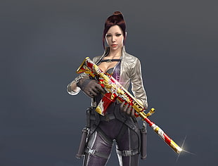video game female character holding gun