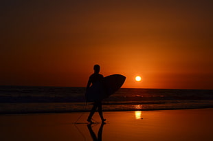 man silhouette, surfing, sunset, waves, Ozean