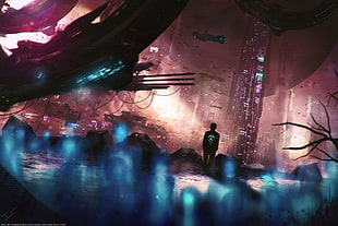 silhouette of a person standing in the middle of the alien colony wallpaper, futuristic city, science fiction, futuristic, digital art