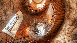 spiral brown stairs, interior, sunlight, HDR, staircase