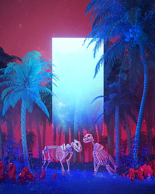 two dinosaur skeletons, beeple, render, landscape, Monolith