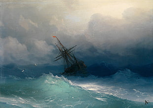 sailing ship chasing waves painting, painting, ship, storm
