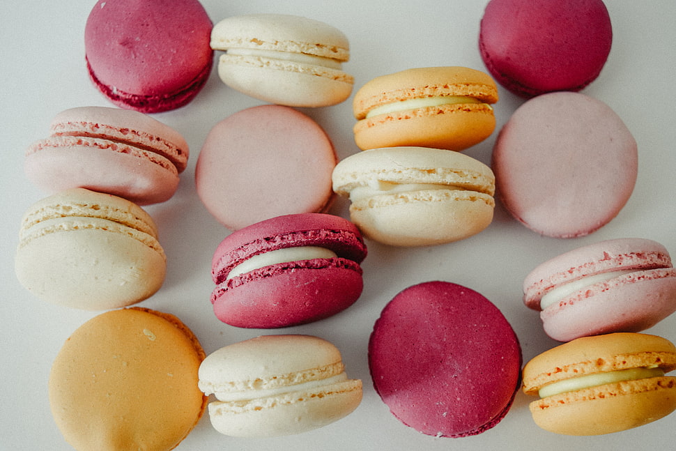 red, yellow, and pink macarons HD wallpaper