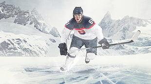 man wearing white and blue ice hockey uniform holding hockey stick painting