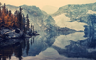 reflection photography of mountain on body of water