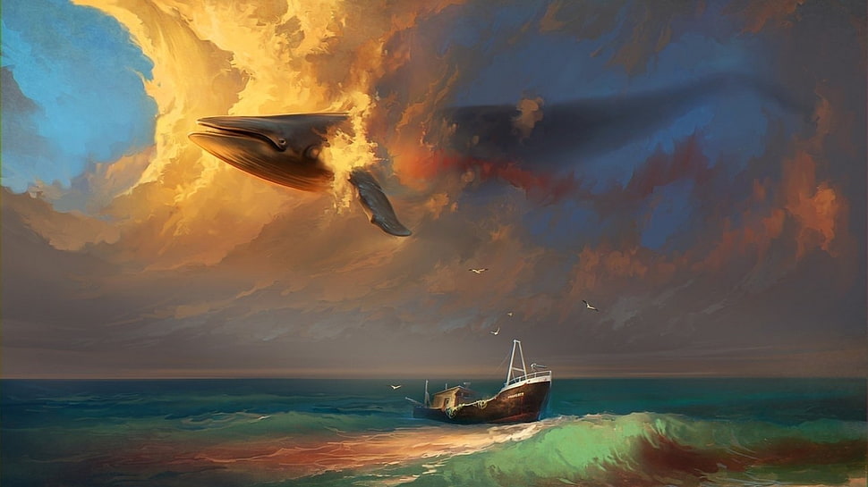 brown boat and black whale on the sky painting HD wallpaper