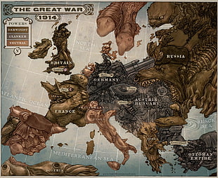 brown and black The Great War-printed map, leviathan