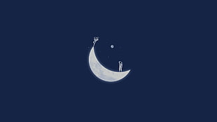 crescent moon illustration, stars, space, astronaut, minimalism