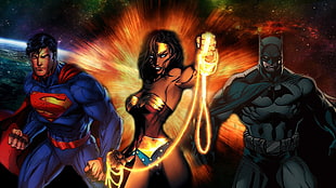 Batman, Superman, and Wonder Woman graphic illustration