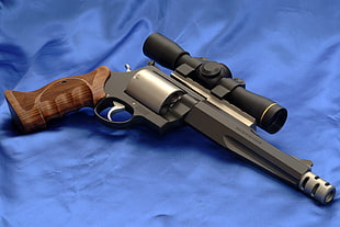 gray and brown revolver pistol with scope, gun, revolver, scopes