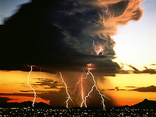 white lightnings, storm, clouds, cityscape HD wallpaper
