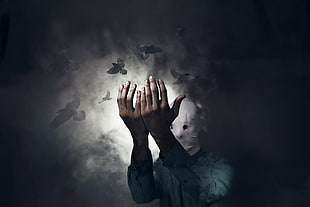 person's hands wallpaper, dark fantasy, mask, hands, birds