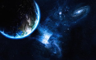 earth and galaxy digital wallpaper, space, space art, stars, planet