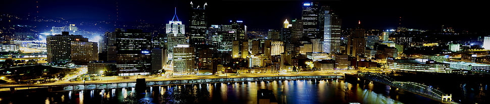 city skyline during nighttime, city, night, multiple display, Pittsburgh HD wallpaper