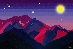 illustration of blue and red mountains under full moon