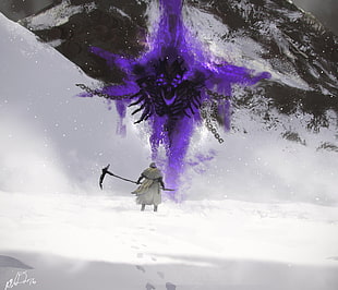 purple and white floral textile, creature, digital art, snow, sickle