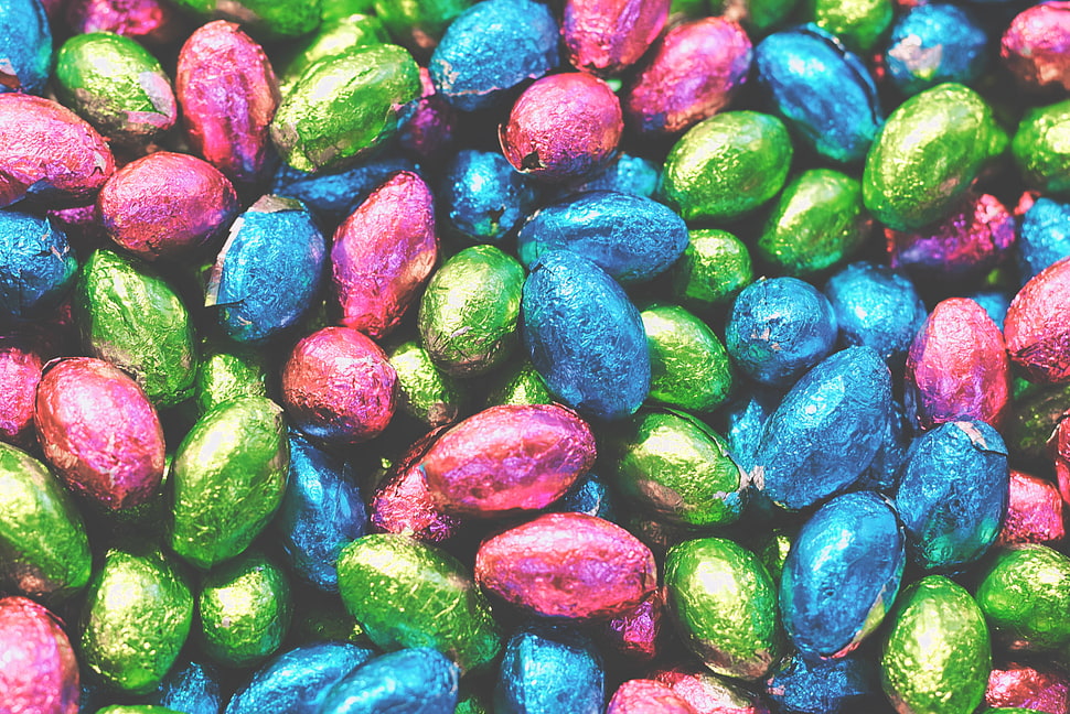 pink, green, and blue chocolates HD wallpaper