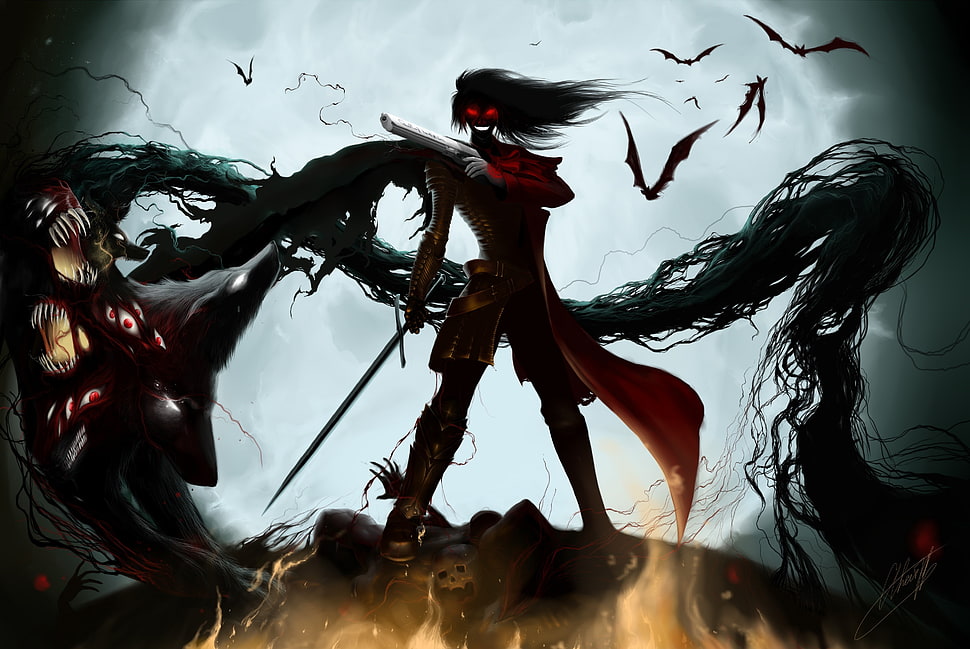 monster in red cape illustration, Hellsing, Alucard, demon, anime HD wallpaper