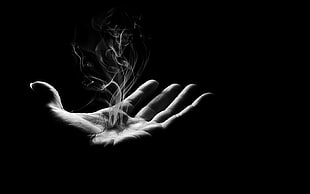 person's palm, monochrome, hands, smoke