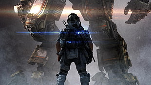 soldier standing in front of giant robot illustration