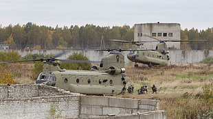 two gray cargo helicopters, military, helicopters, soldier, Boeing CH-47 Chinook