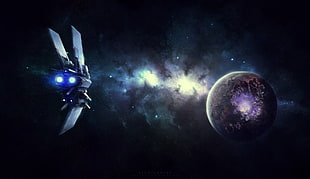 gray ship and planet wallpaper, space, spaceship, planet, nebula