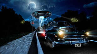 UFO chasing car illustration, vehicle, car, Chevrolet, night