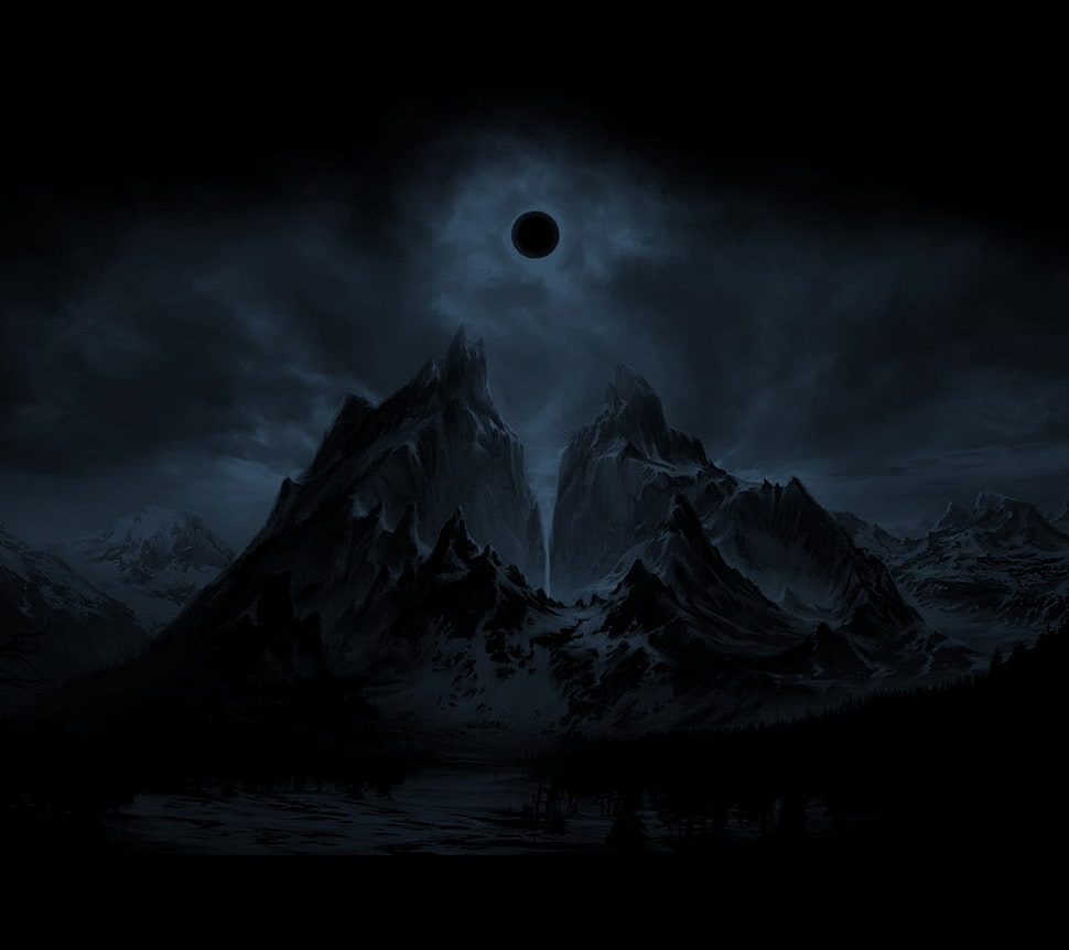 dark full moon digital wallpaper, mountains, eclipse , night HD wallpaper