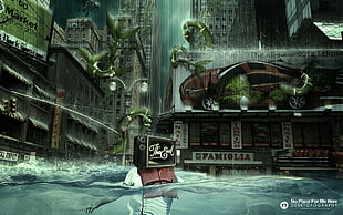 person with red back swimming in the city wallpaper, Desktopography, cityscape, city, digital art