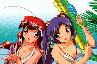 two girl anime characters brown hair and purple hair holding water guns