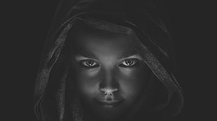 grayscale photo of woman in scarf