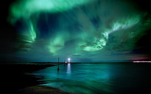 green Aurora northern lights, aurorae, landscape HD wallpaper