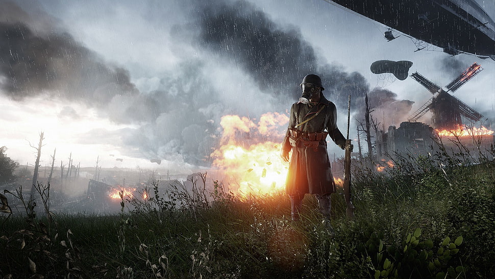 soldier standing in front of burning building, Battlefield 1, Battlefield HD wallpaper
