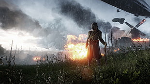 soldier standing in front of burning building, Battlefield 1, Battlefield
