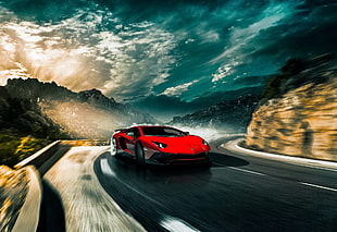 time lapse photograph of red coupe on road HD wallpaper
