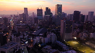 aerial photo of cityscape, Tokyo, sunset HD wallpaper