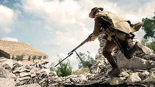 man holding rifle running photo HD wallpaper