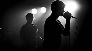 silhouette of two men, Ian Curtis, Joy Division, music, microphone HD wallpaper