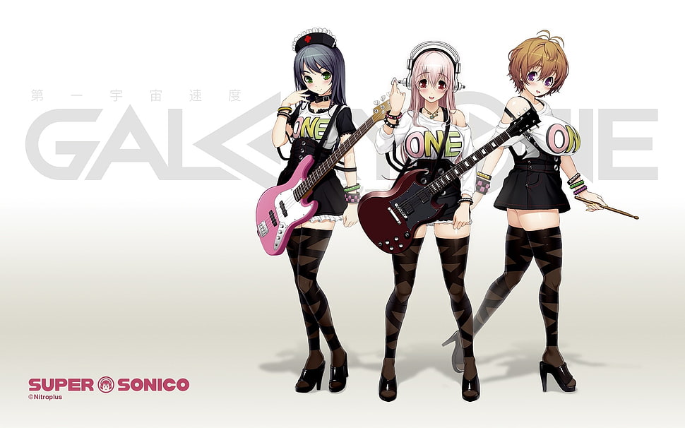 three woman anime characters carrying electric guitars and drums stick wallpaper HD wallpaper