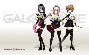 three woman anime characters carrying electric guitars and drums stick wallpaper
